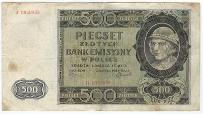 BANK EMISYJNY W POLSCE - 500 Zlotych - 1940
