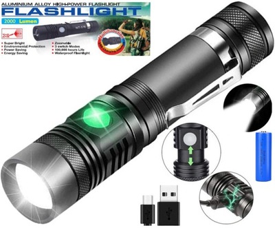 АЛЮМИНИЕВЫЙ ФОНАРИК TAKTYCZNA LED (СВЕТОДИОД ) 2000LM CRE518 USB АККУМУЛЯТОР ZOOM WOJSKOWA