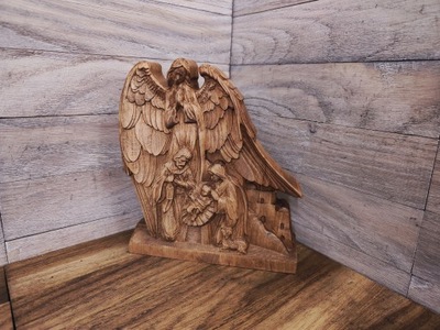 Obraz Płaskorzeźba Szopka drewniana Anioł Stróż Święta Rodzina 20cm