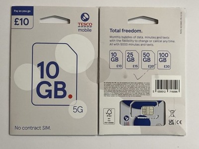 Tesco Mobile UK karta SIM Prepaid Card Roaming EU