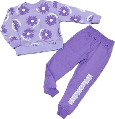122-128 Dres komplet dziewczęcy 2 częściowy bluza spodnie fioletowy kwiaty