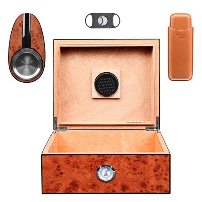HUMIDOR DREWNIANY NA CYGARA NAWILŻACZ HIGROMETR OBCINARKA POPIELNICA ETUI