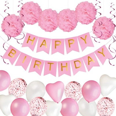 Girlanda urodzinowa HAPPY BIRTHDAY pompony balony