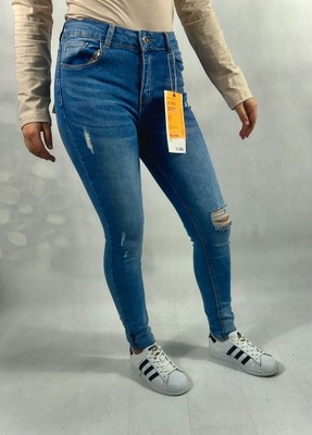 Spodnie jeansy XS 34 skinny M.Sara z przetarciami poszarpane nogawki szelki