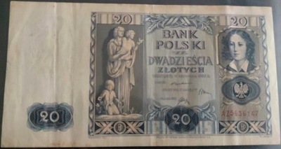 Banknot 20 zł stan średnio-dobry seria AZ z 1936