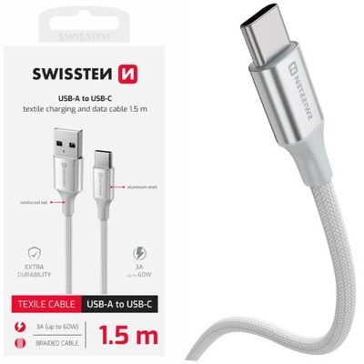 SWISSTEN Kabel USB do ładowania USB-A - USB-C BIAŁY 1,5m oplot 3A 60W