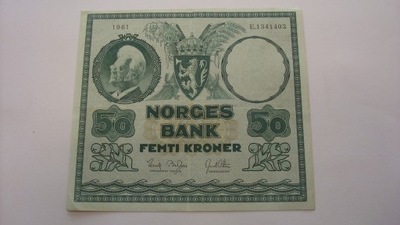 Banknot Norwegia 50 koron 1961 stan 3+