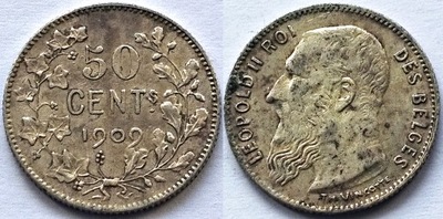 BELGIA 50 CENTIMES 1909 DES / srebro