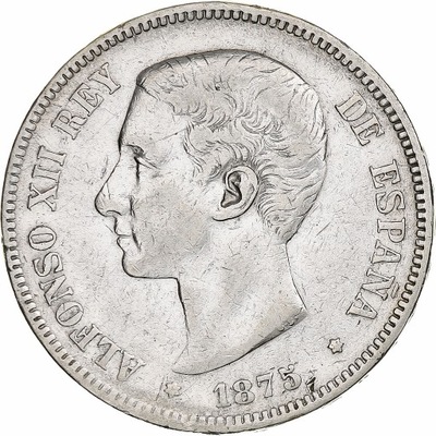 Hiszpania, Alfonso XII, 5 Pesetas, 1875, Srebro, V