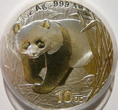 10 YUAN CHINY 2002 PANDA WIELKA SREBRO 999 UNCJA