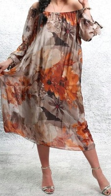Sukienka midi jedwab kwiaty fango z miedzią Włochy