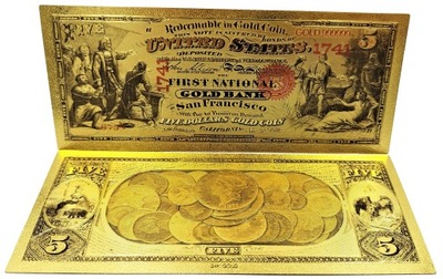 5 DOLARÓW 1875 Unikatowy Pozłacany Banknot Kolekcjonerski