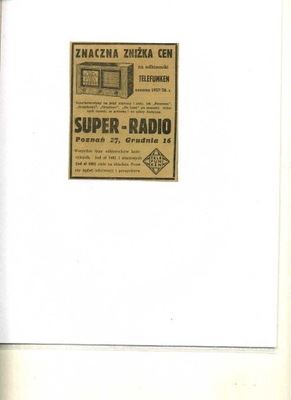 Reklama prasowa z lat 30 uw- RADIA " TELEFUNKEN" Poznan.