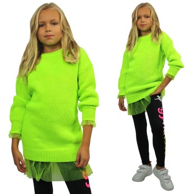 SWETEREK Tunika NEONOWY Tiulowe FALBANKI ŻÓŁTY 110