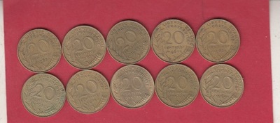 Francja zestaw 10 sztuk 20 centimes od 1963 rozne