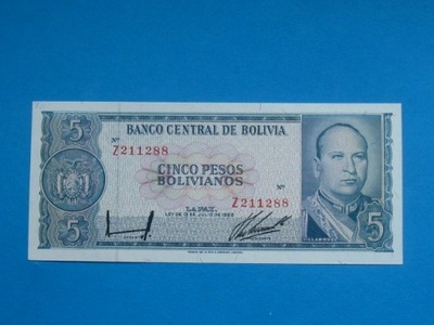 Boliwia Banknot 5 Bolivianos 1962 UNC P-153a10