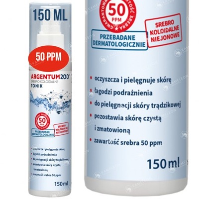 ARGENTUM200 srebro koloidalne 50 ppm TONIK PIĘLGENACJA SKÓRY TRĄDZIK 150ml