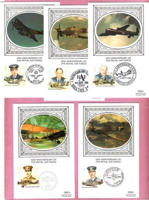 Anglia 1986, MC FDC 5szt. lotnictwo RAF, wojsko samolot, JEDWAB, 5 datownik