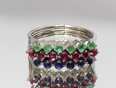 Złoty pierścionek - trzy obrączki, 14K 4,66g szmaragdy, szafiry, rubiny