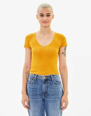 BERSHKA żółty dzianinowy t-shirt prążki M 38