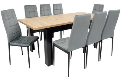 Stół 80x140/180 cm i 8 krzeseł welurowe szare