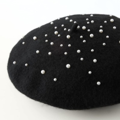 ZARA wełniany czarny beret zdobiony perłami