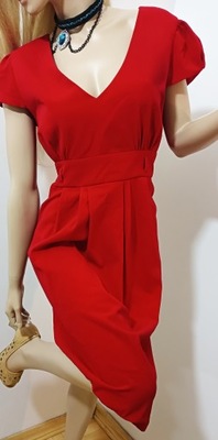 Atmosphere czerwona sukienka bufki dekolt retro vintage midi XL