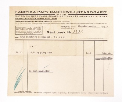 RACHUNEK FABR. PAPY DACHOWEJ STAROGARD GDYNIA 1935