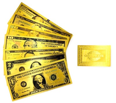 DOLARY AMERYKAŃSKIE Kolekcjonerski Zestaw Pozłacanych Banknotów CERTYFIKAT