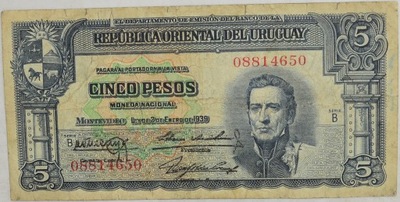 2.fz.Urugwaj, 5 Pesos 1939, P.36.a, St.3+