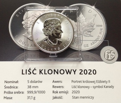Kanada 5 dolarów 2020 Uncja Ag UNC