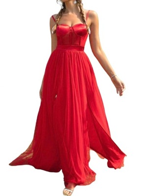 Czerwona zwiewna sukienka z rozcięciem na nogę wieczorowa wesele boohoo XS