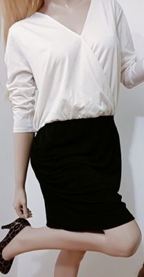 MANGO biało-czarna sukienka wyszczuplająca kopertowy dekolt nowa XL
