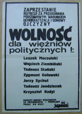 WOLNOŚĆ DLA WIĘŹNIÓW POLITYCZNYCH-ulotka plakat