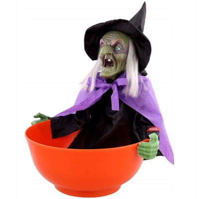 MISKA HALLOWEEN DYNIA CZAROWNICA RUCHOMA DZWIEKI SWIATLA CUKIERKI 23CM