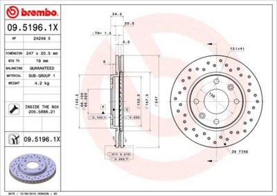 DISCOS DE FRENADO PARTE DELANTERA BREMBO 09.5196.1X 0951961X  