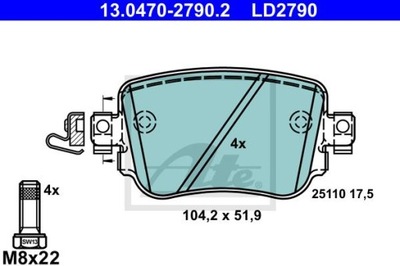 ATE 13.0470-2790.2 ZAPATAS CERÁMICOS PARTE TRASERA VW CADDY/POLO/SHARAN 1,0-2,0 15-  