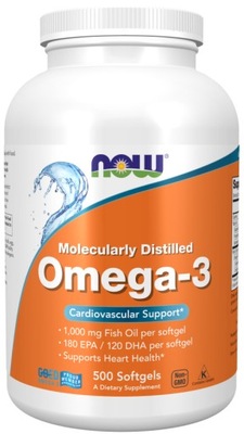 NOW Foods Omega-3 1000mg Kwasy 180mg EPA 120mg DHA Molecularly Dist. 500k