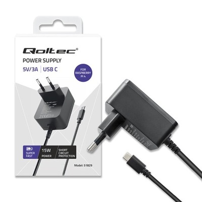Qoltec Ładowarka Super FAST PD do Raspberry PI 4 | USB-C | 15W | 5V | 3A |