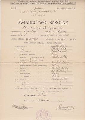 Lwów Szkoła Powszechna Sacre-Coeur świadectwo szkolne 1932/33 Strzelecka