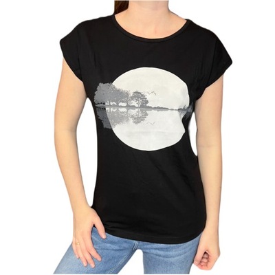 T-shirt damski czarny nadruk okrągły dekolt M