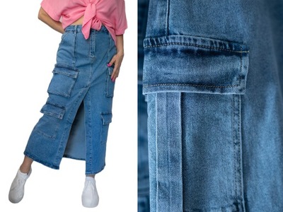 Długa prosta dżinsowa spódnica midi kieszenie 38