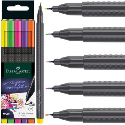 FABER-CASTELL Cienkopisy NEONOWE pisaki mazaki 0,4 mm Grip 5 kolorów