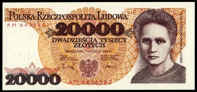 13.ak Banknot PRL 20000 zł seria AM 1989 r. Skłodowska / UNC