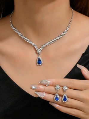 ZESTAW biżuterii łańcuszek kolczyki cyrkonie niebieskie
