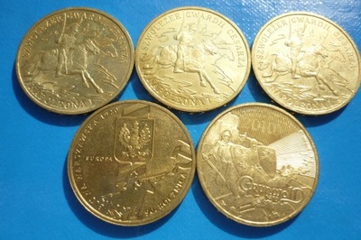 ZESTAW 5 szt. monet 2 zł ROCZNIKA 2010 Szwoleżer Grunwald Bitwa