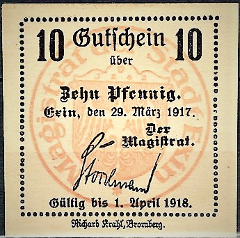 Notgeld Kcynia Magistrat. 10 Pf. z 29. 03.1917
