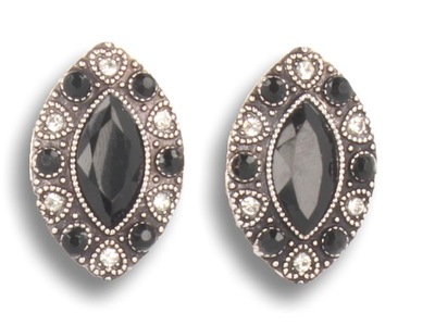 Klipsy do uszu srebrne z czarnymi kryształkami, styl vintage