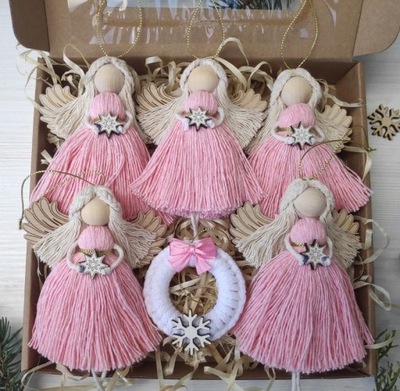 Aniołki makrama na choinkę ozdoby świąteczne zestaw box prezent