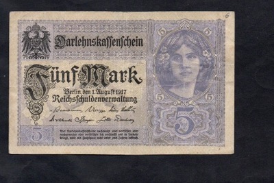 BANKNOT NIEMCY -- 5 marek -- 1917 rok -- seria V